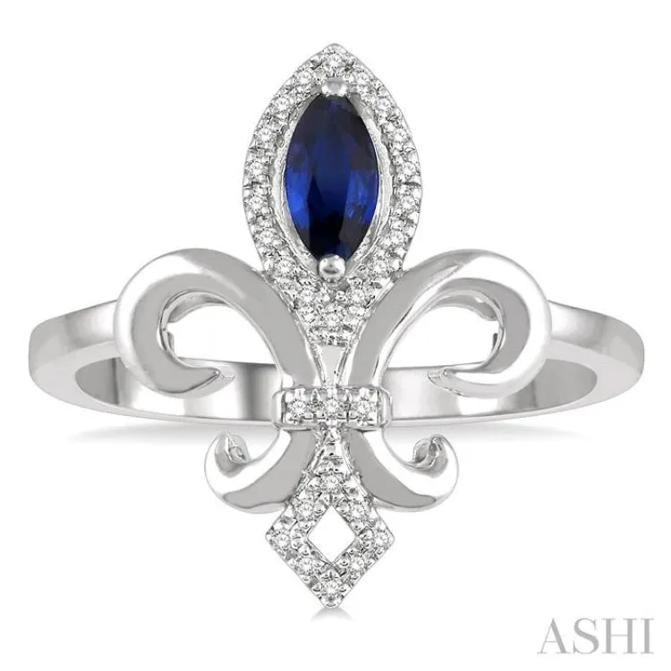 1/10 ctw Marquise Shape 6x3mm Sapphire & Round Cut Diamond Fleur De Lis Precious Ring in 10K White Gold