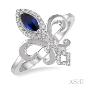 1/10 ctw Marquise Shape 6x3mm Sapphire & Round Cut Diamond Fleur De Lis Precious Ring in 10K White Gold