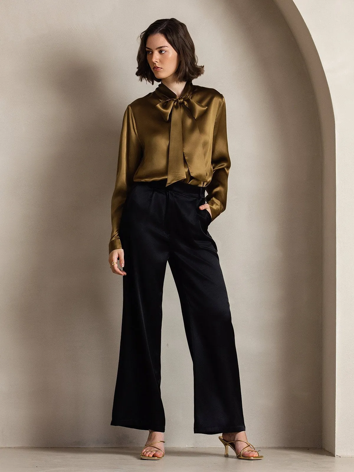 19Momme Fashionable Classic Silk Suit Wide-Leg Pants