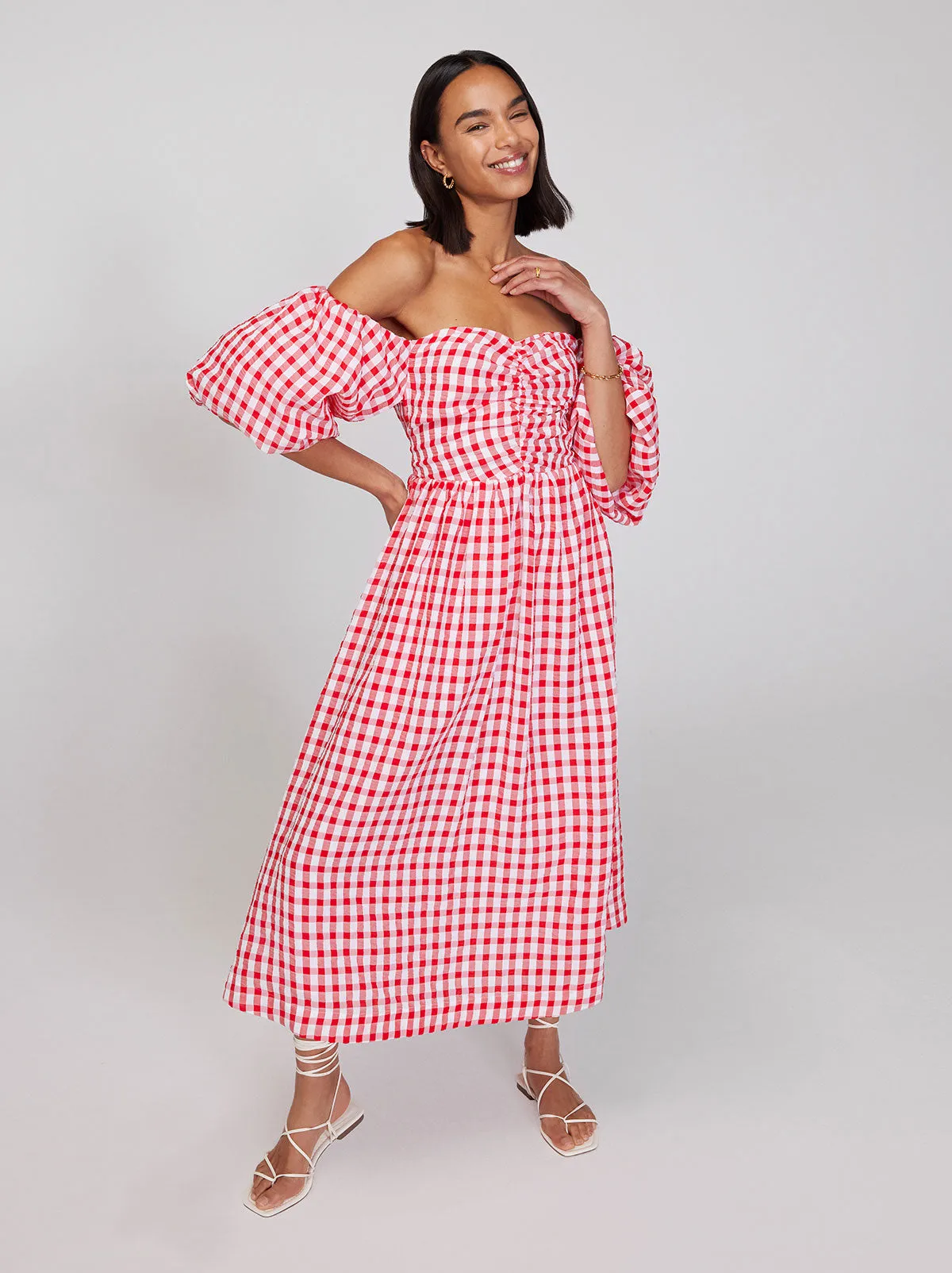 Alexis Red Gingham Bardot Midi Dress