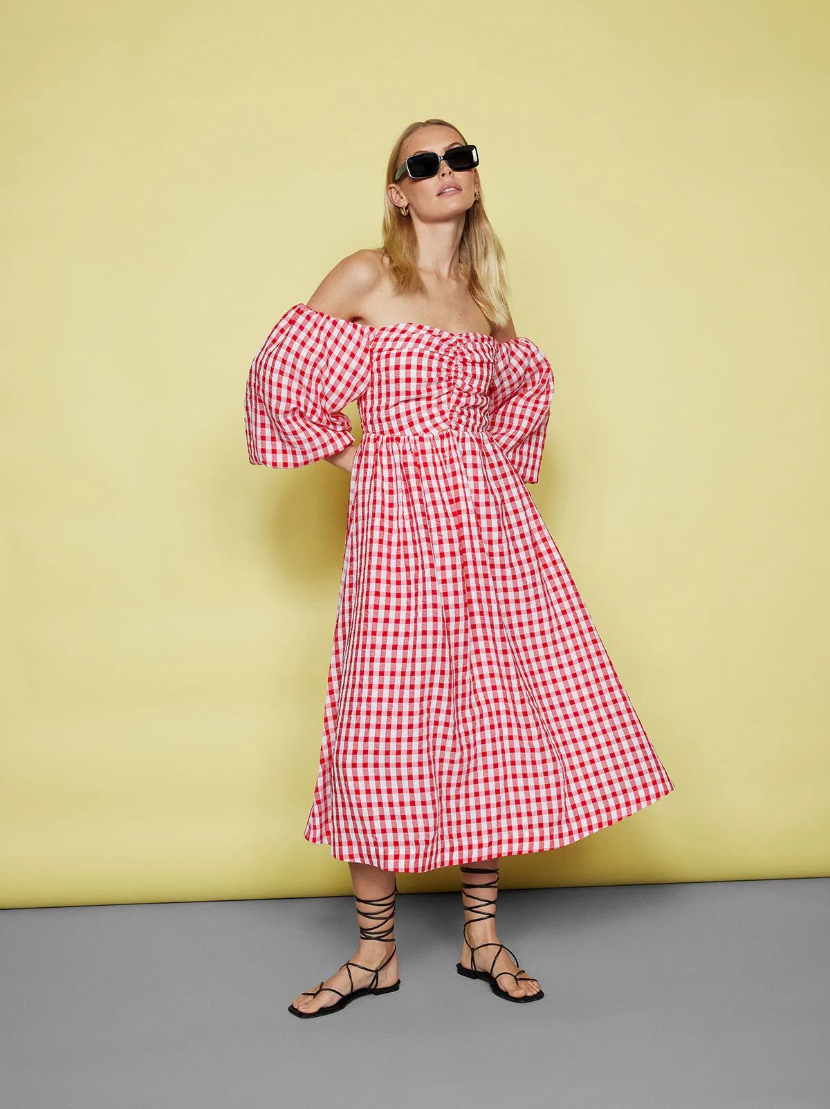 Alexis Red Gingham Bardot Midi Dress