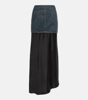 Asymmetrical denim and satin maxi skirt Mm6 Maison Margiela, black