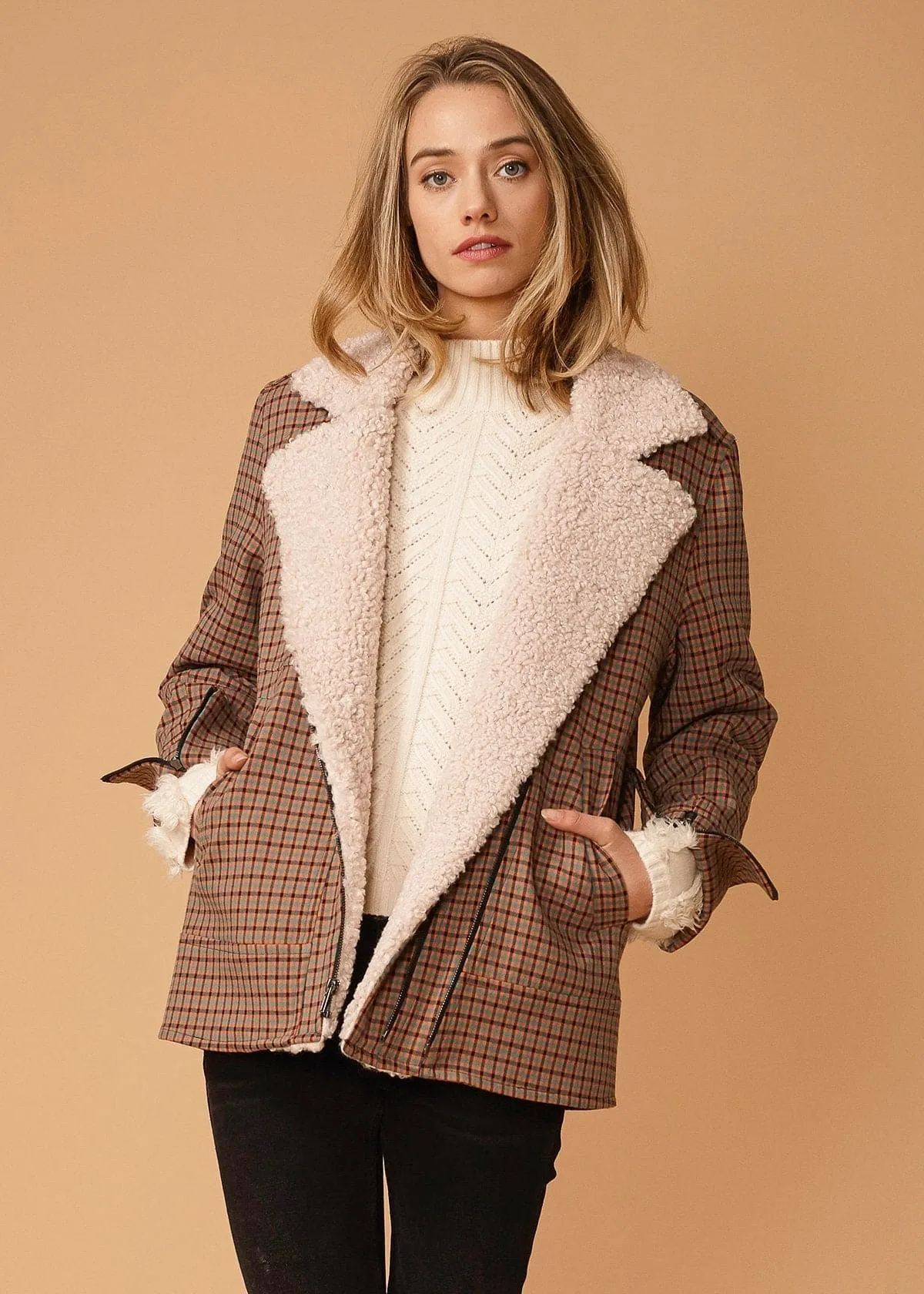 Asymmetrical Zip Front Coat in Peach Gingham