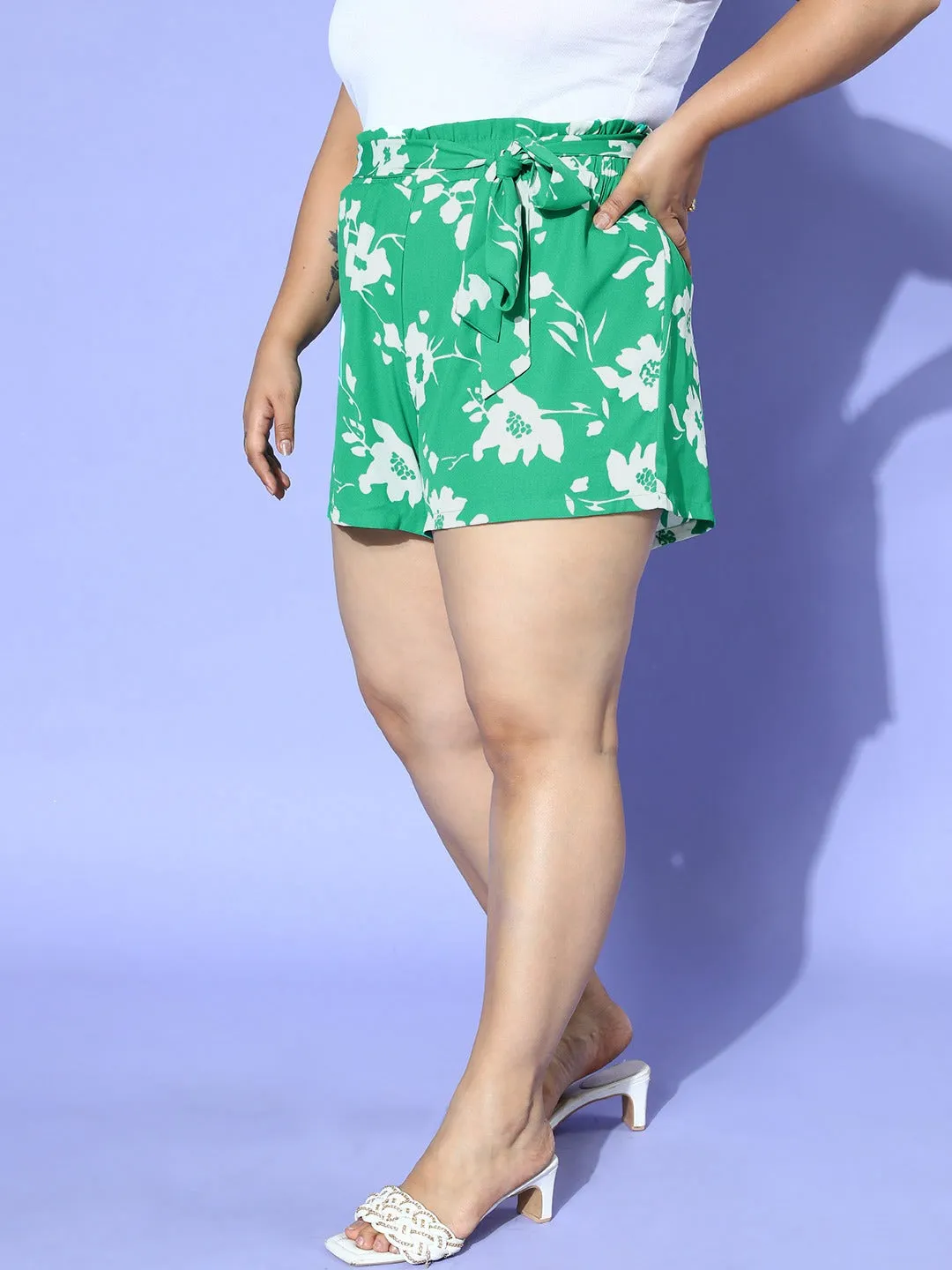 Berrylush Women Plus Size Green & White Floral Printed Front Tie-Up High-Rise Paperbag Waist Crepe Pleated Mini Shorts