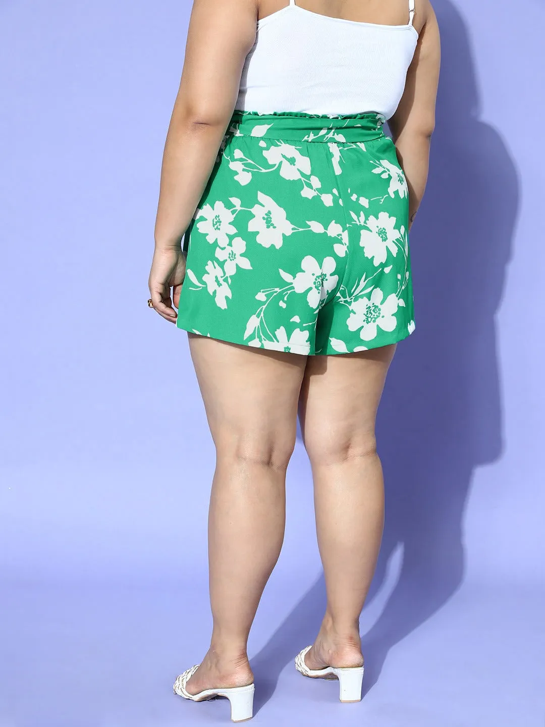 Berrylush Women Plus Size Green & White Floral Printed Front Tie-Up High-Rise Paperbag Waist Crepe Pleated Mini Shorts