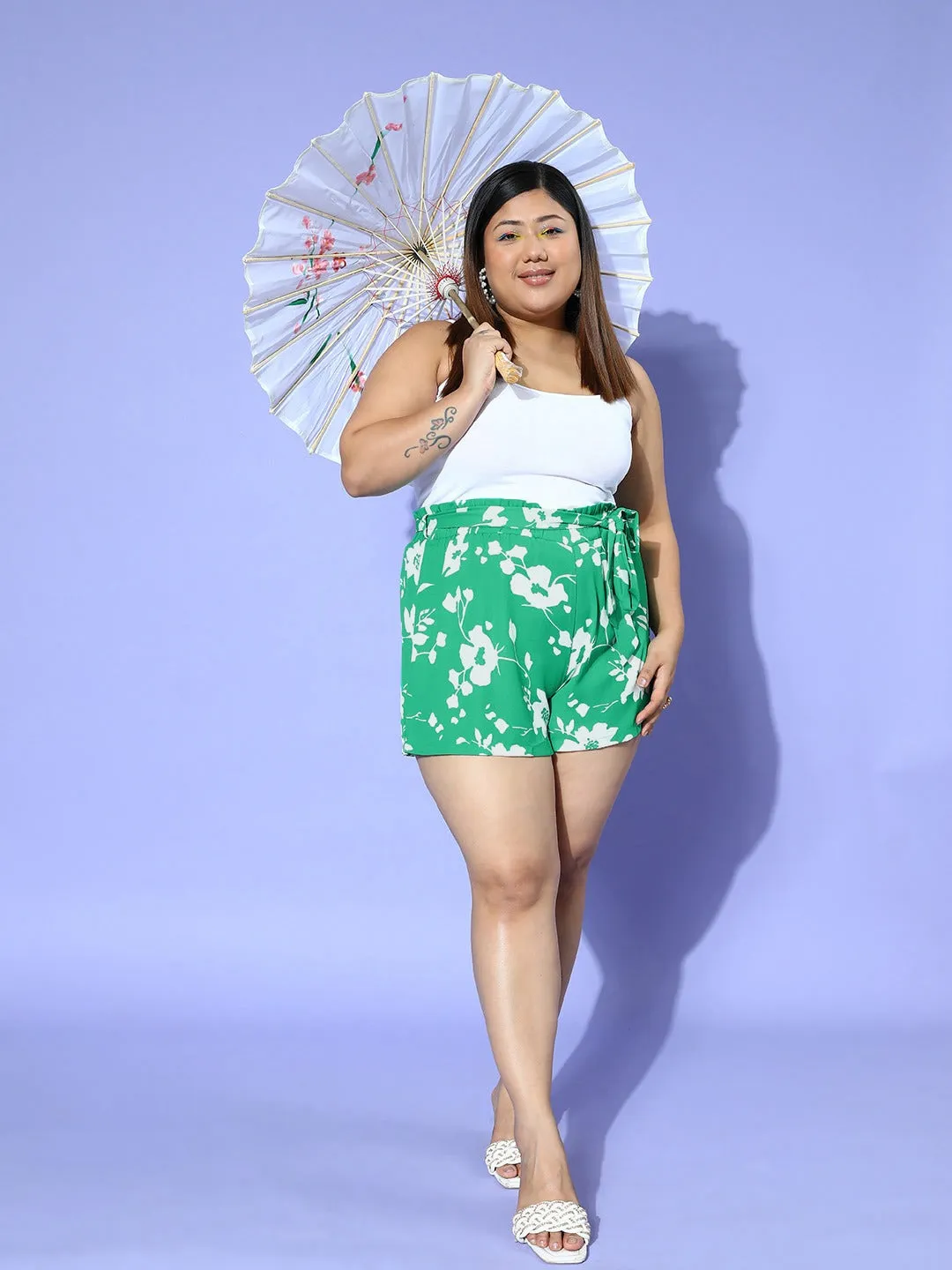 Berrylush Women Plus Size Green & White Floral Printed Front Tie-Up High-Rise Paperbag Waist Crepe Pleated Mini Shorts