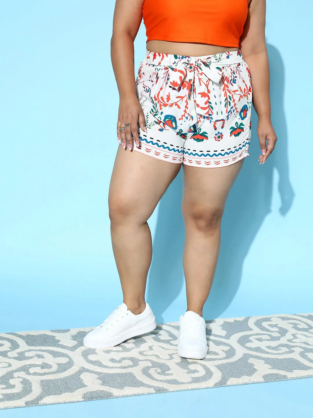 Berrylush Women Plus Size White & Orange Floral Printed Tie-Up Elastic Waist Slip-On Mini Shorts