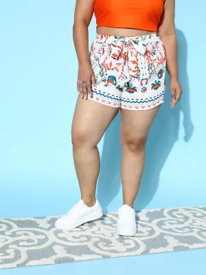 Berrylush Women Plus Size White & Orange Floral Printed Tie-Up Elastic Waist Slip-On Mini Shorts