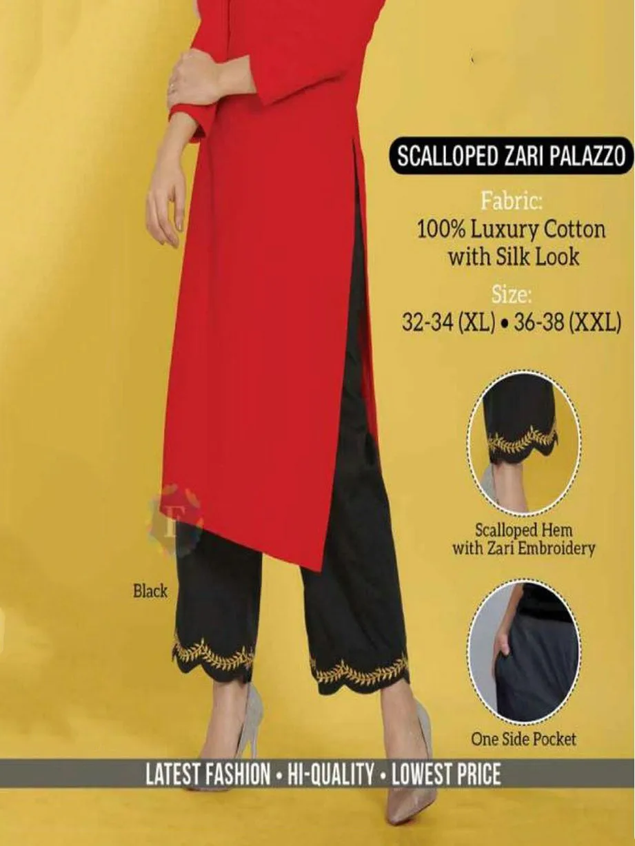 Black Cotton Palazzo Pants with Zari Embroidery