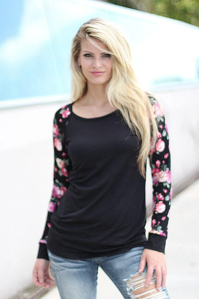 Black Top with Floral Sleeves