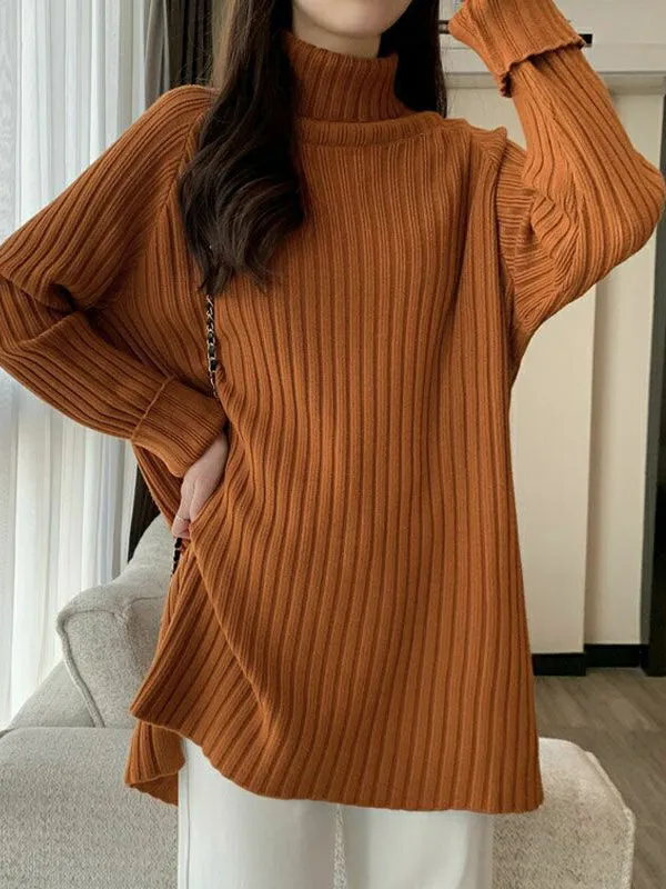 Casual Long Sleeves Loose Split-Side Solid Color High-Neck Sweater Tops