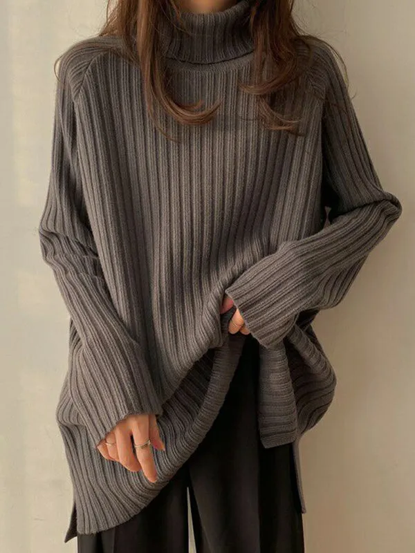 Casual Long Sleeves Loose Split-Side Solid Color High-Neck Sweater Tops