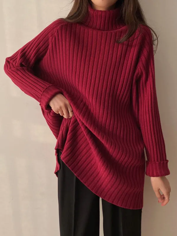 Casual Long Sleeves Loose Split-Side Solid Color High-Neck Sweater Tops