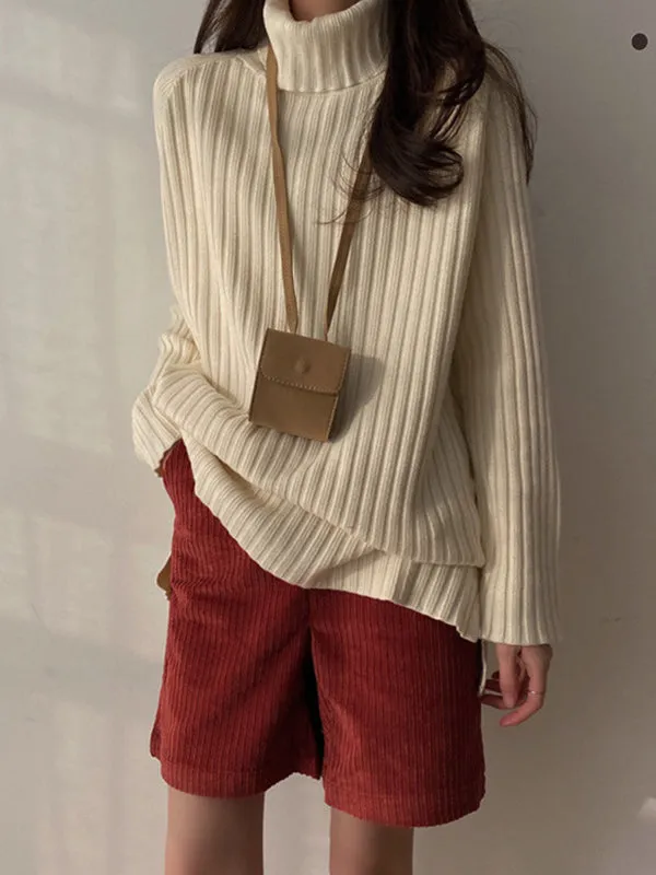 Casual Long Sleeves Loose Split-Side Solid Color High-Neck Sweater Tops