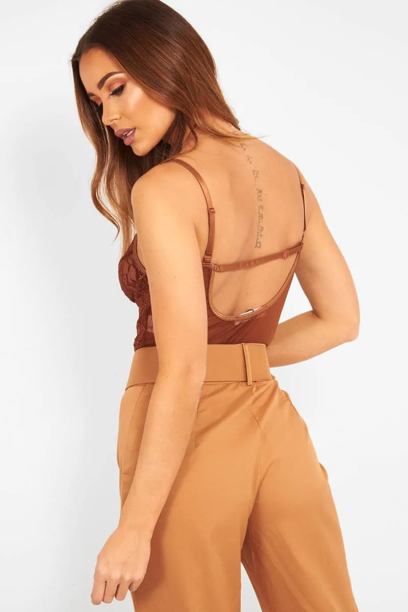 Chocolate Sheer Lace Bodysuit - Katia