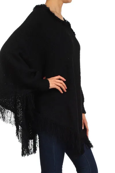 Crochet Knit/ Oversized Poncho with Asymetric Hem and Button Detail