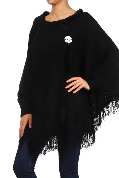 Crochet Knit/ Oversized Poncho with Asymetric Hem and Button Detail