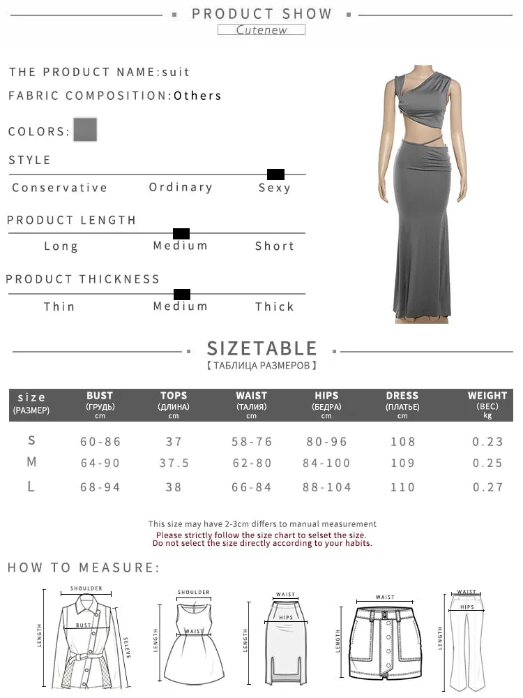 Cutenew Asymmetrical Solid 2 Piece Set Women Cross Slash Neck Crop Tanks High Waist Maxi Skirts Female Concise High Street Suits