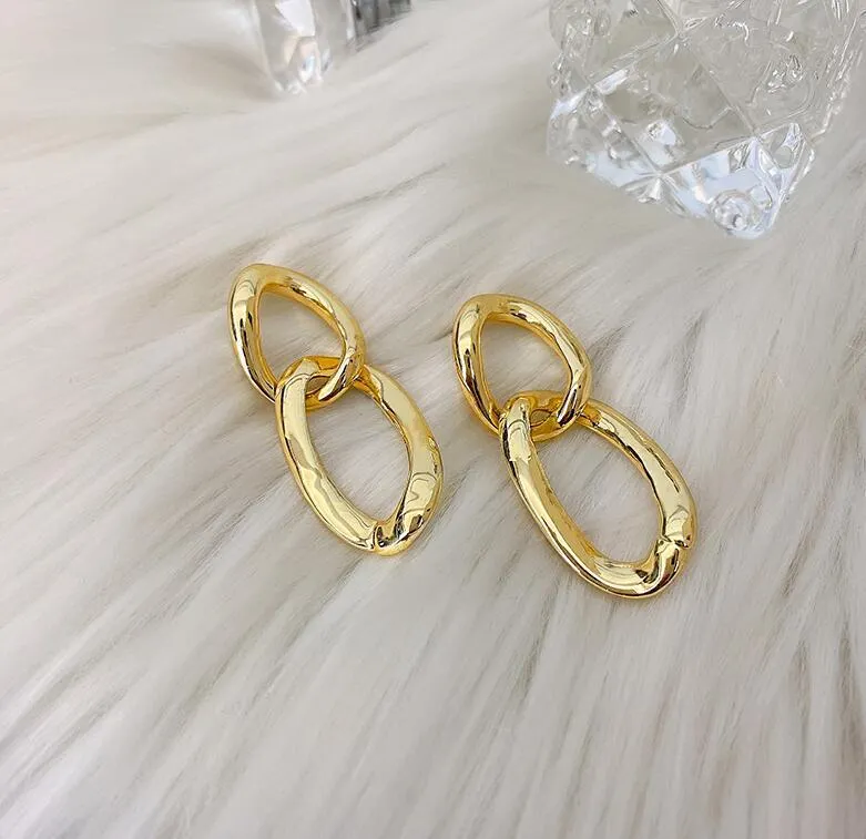 Dangle Gold /Silver Organic-Shaped Double Hoop 42mm Invisible Clip On Earrings