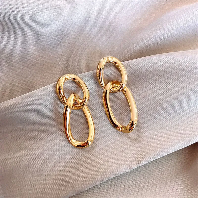 Dangle Gold /Silver Organic-Shaped Double Hoop 42mm Invisible Clip On Earrings