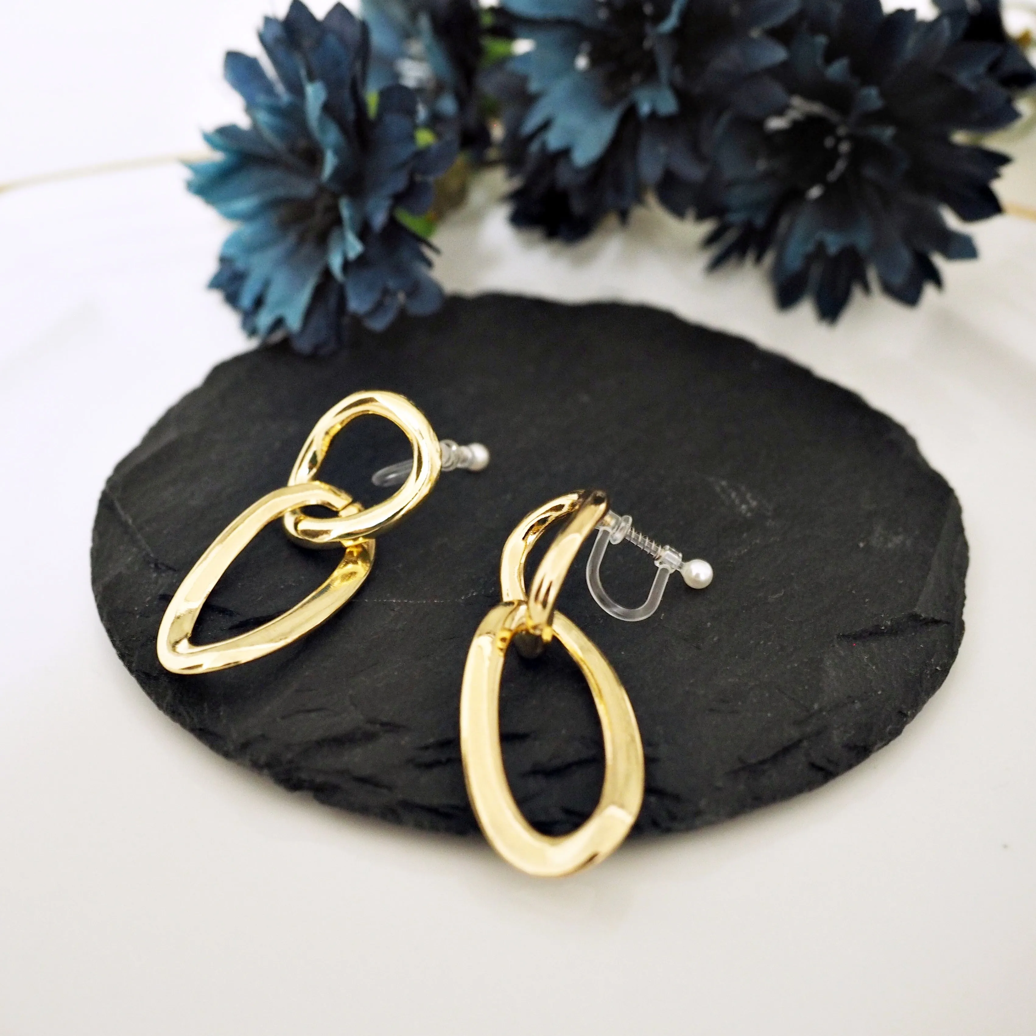 Dangle Gold /Silver Organic-Shaped Double Hoop 42mm Invisible Clip On Earrings