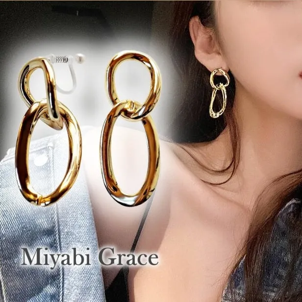 Dangle Gold /Silver Organic-Shaped Double Hoop 42mm Invisible Clip On Earrings