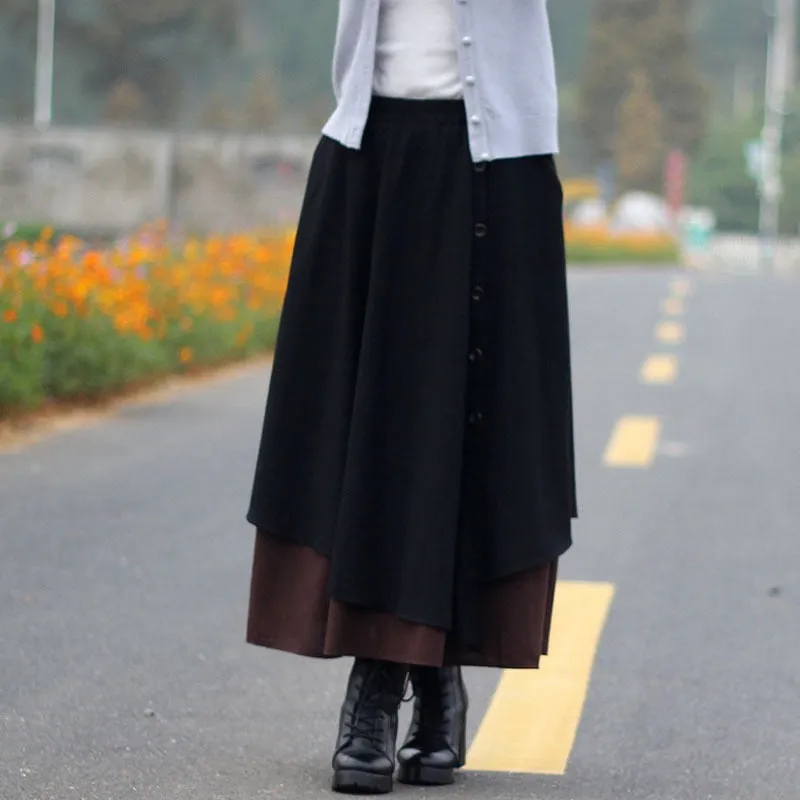 Fashionable Layered Colorblock Aesthetic Buttoned Long Skirts