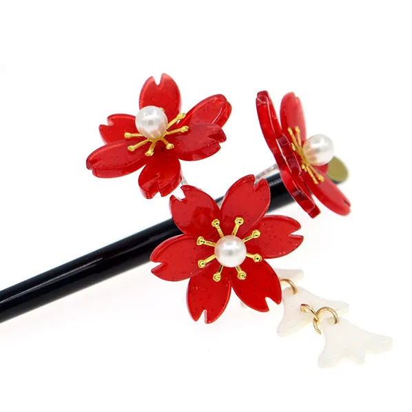 Geisha Hair Stick with Red Acrylic Cherry Blossom Cluster and Tassel