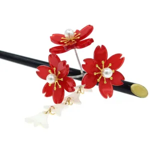 Geisha Hair Stick with Red Acrylic Cherry Blossom Cluster and Tassel