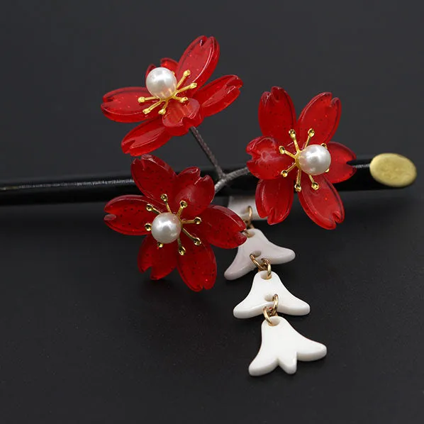 Geisha Hair Stick with Red Acrylic Cherry Blossom Cluster and Tassel