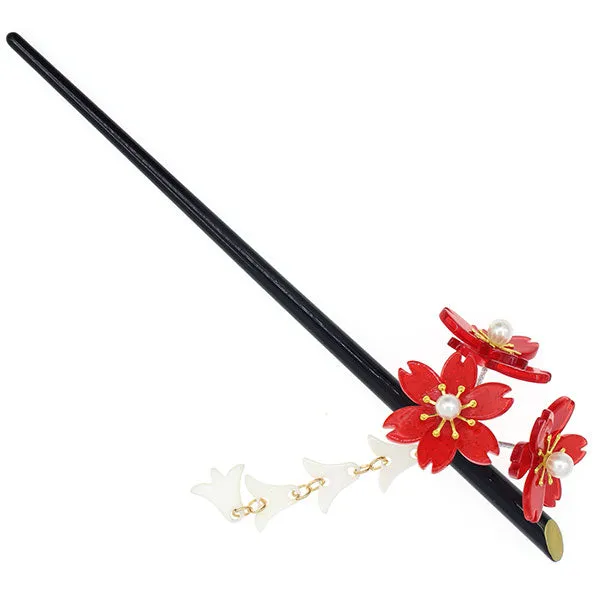 Geisha Hair Stick with Red Acrylic Cherry Blossom Cluster and Tassel