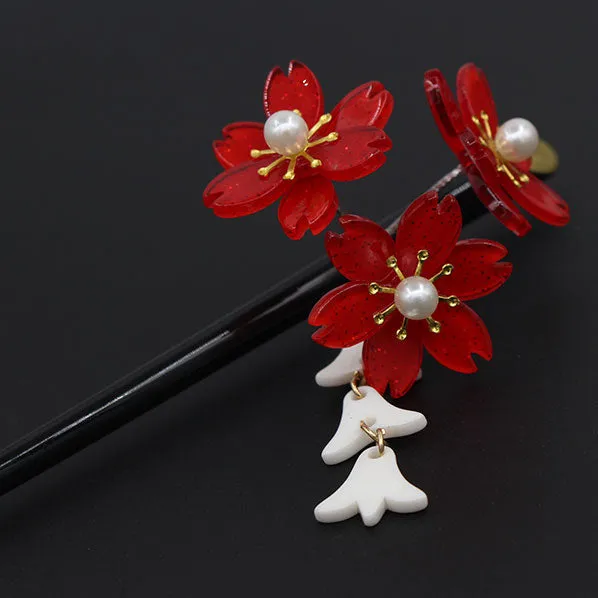 Geisha Hair Stick with Red Acrylic Cherry Blossom Cluster and Tassel