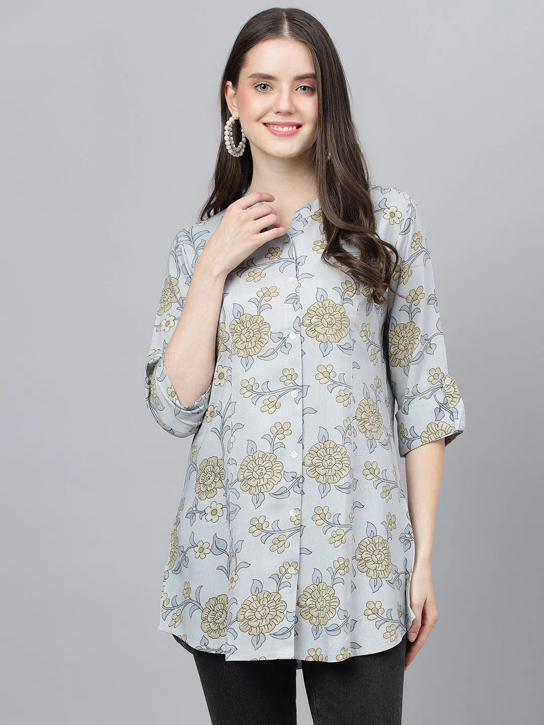 Jashvi Dusty Blue Floral printed Rayon A-line Shirts Style Top