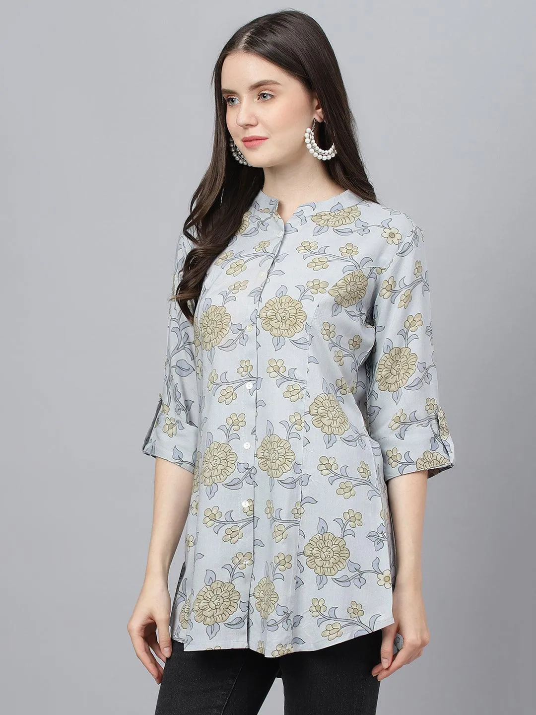 Jashvi Dusty Blue Floral printed Rayon A-line Shirts Style Top