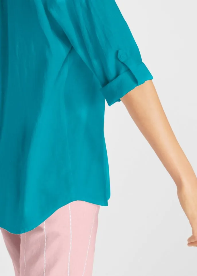 Linen blouse with 3/4 sleeves Bpc Bonprix Collection, turquoise