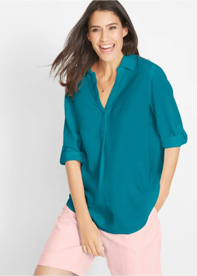 Linen blouse with 3/4 sleeves Bpc Bonprix Collection, turquoise