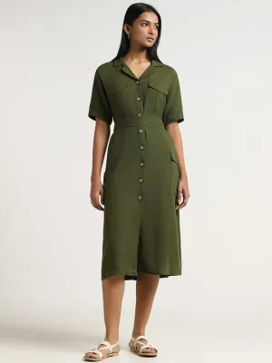 LOV Green Blended Linen Dress with Belt