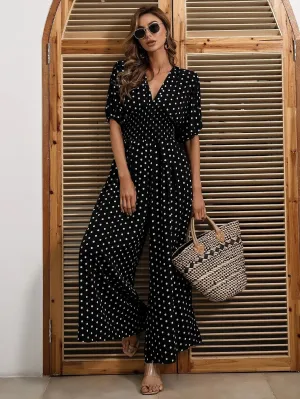 Missord Polka Dot Shirred Waist Jumpsuits M01178