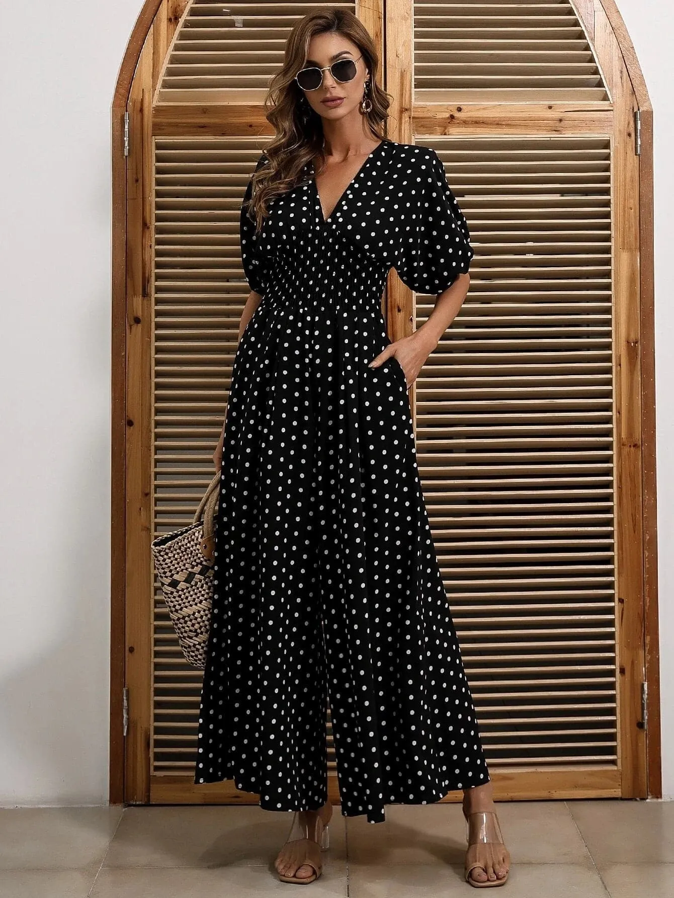 Missord Polka Dot Shirred Waist Jumpsuits M01178