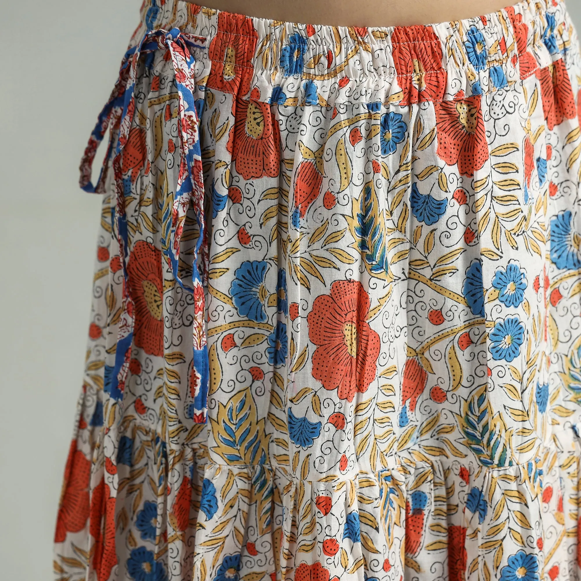 Multicolor - Sanganeri Block Printed Tiered Cotton Long Skirt