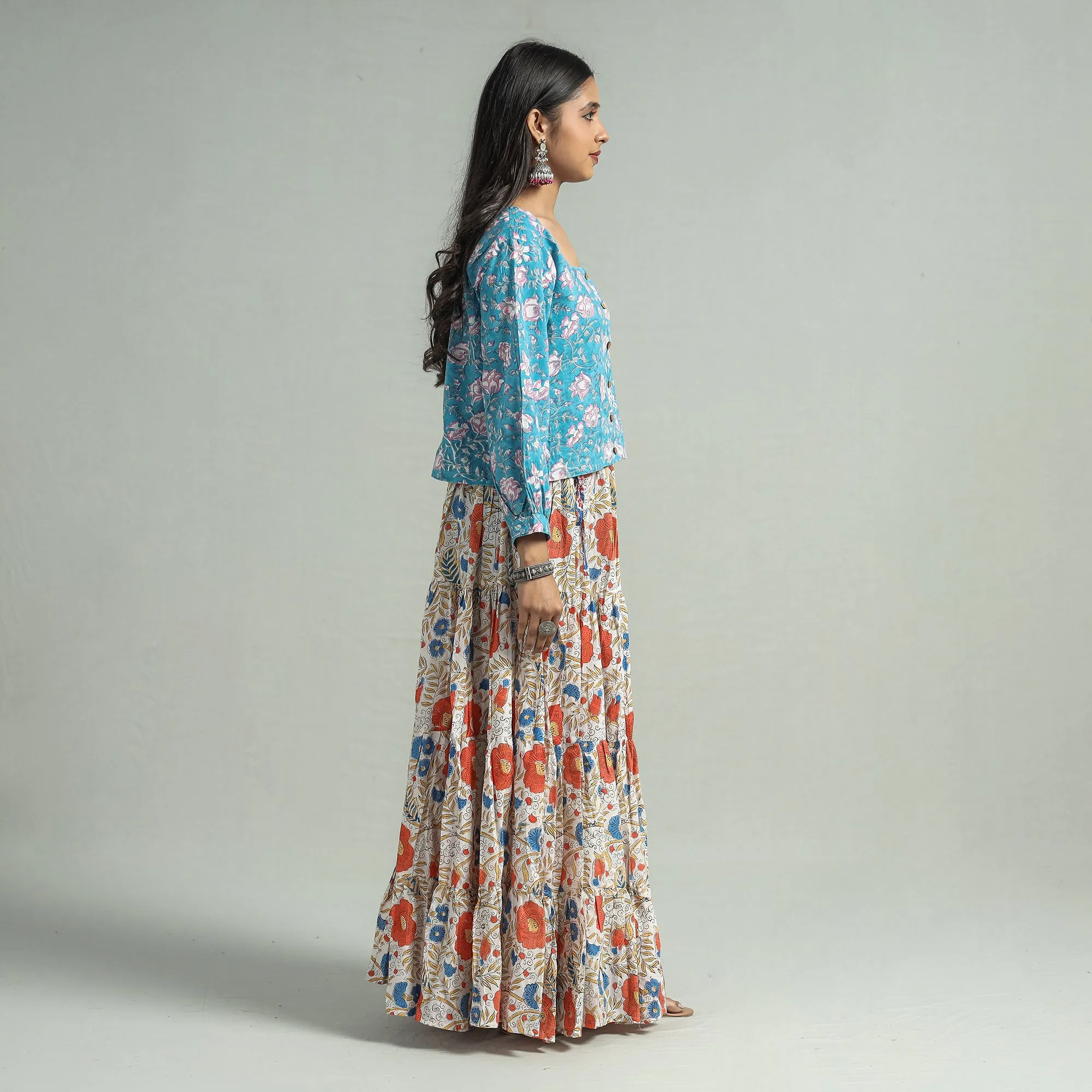 Multicolor - Sanganeri Block Printed Tiered Cotton Long Skirt