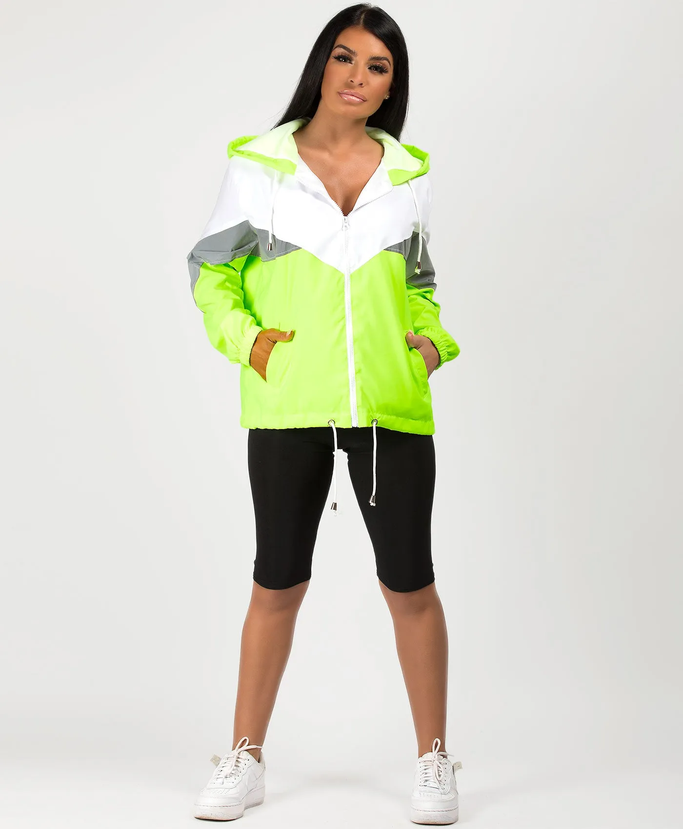 Neon Green Colour Block Reflective Panel Windbreaker Jacket