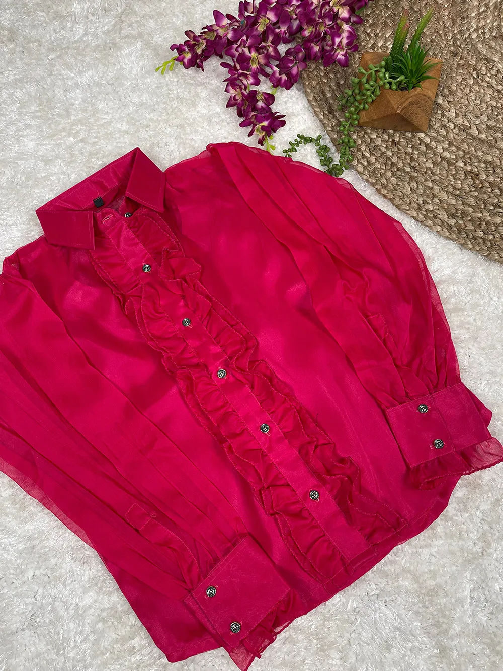 Pink Color Organza Plain Shirt