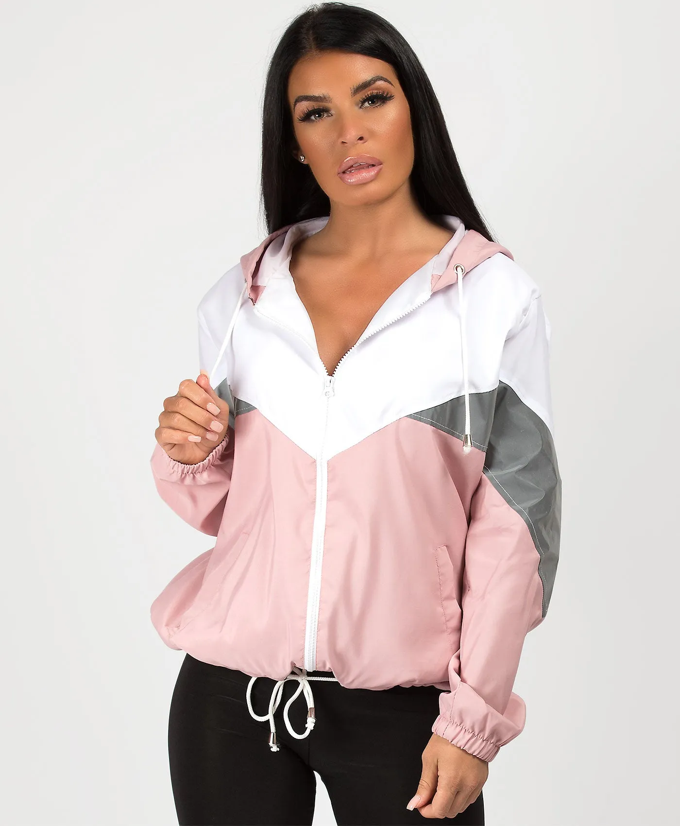 Pink Colour Block Reflective Panel Windbreaker Jacket