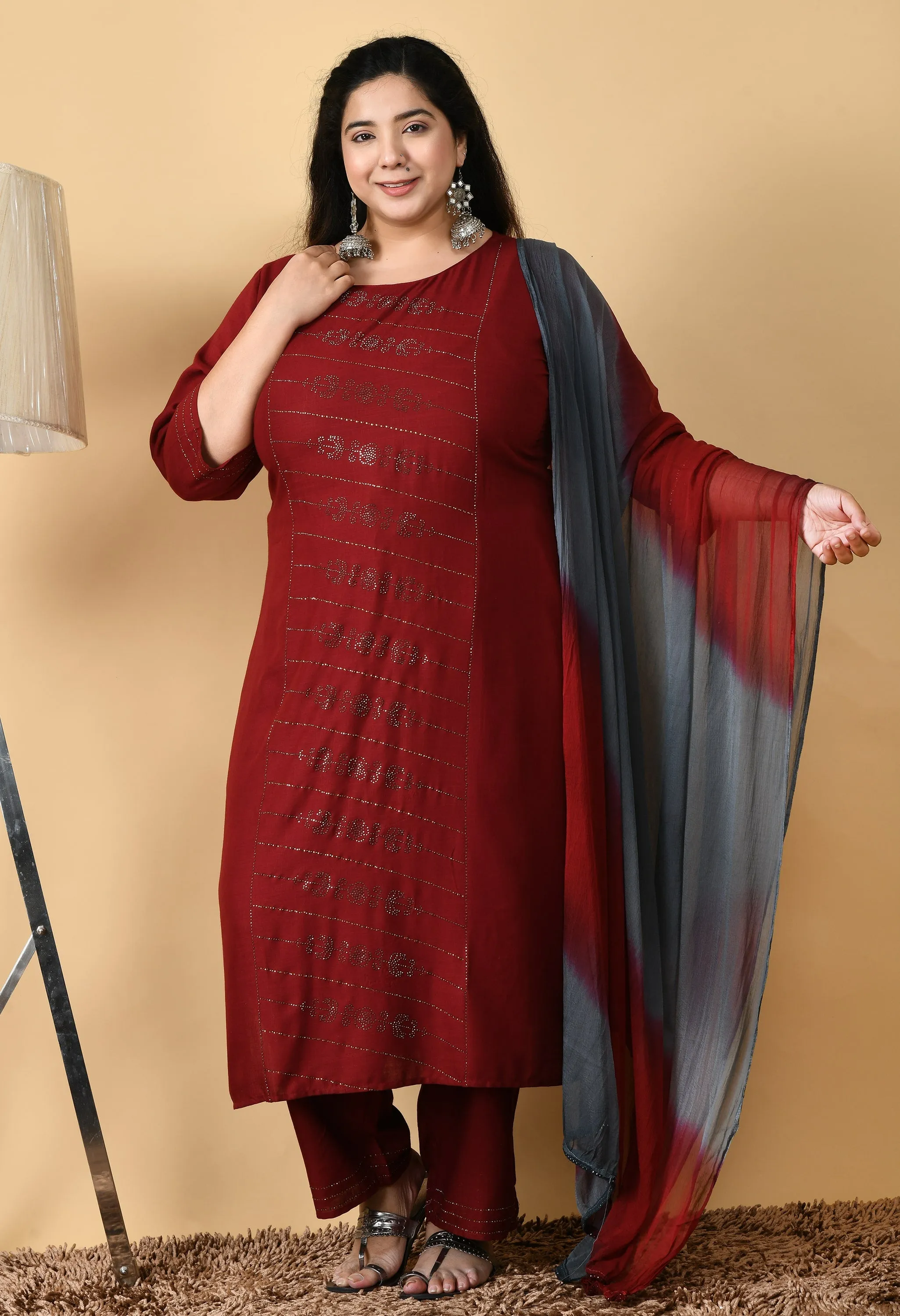 Plus Size Mesmerizing Maroon Kurta Pant Set