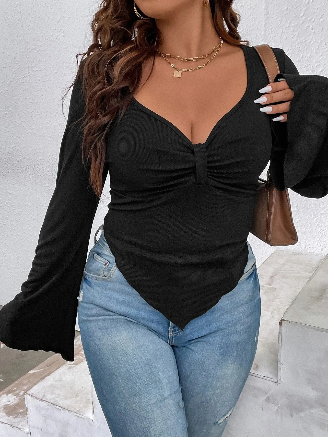 Plus Size Women's Asymmetric Hem Bell Sleeve Knitted Tee Shirt Top