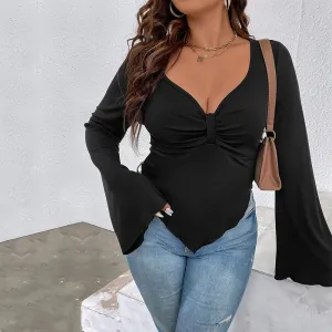 Plus Size Women's Asymmetric Hem Bell Sleeve Knitted Tee Shirt Top