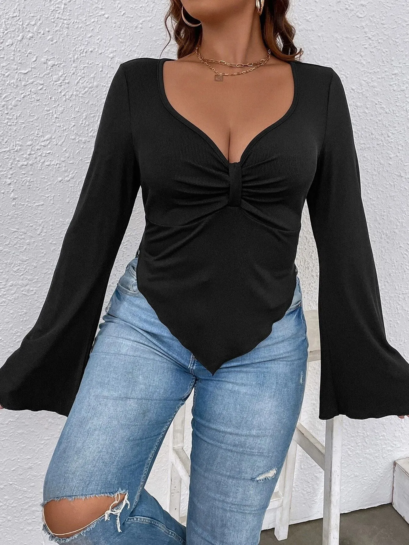 Plus Size Women's Asymmetric Hem Bell Sleeve Knitted Tee Shirt Top