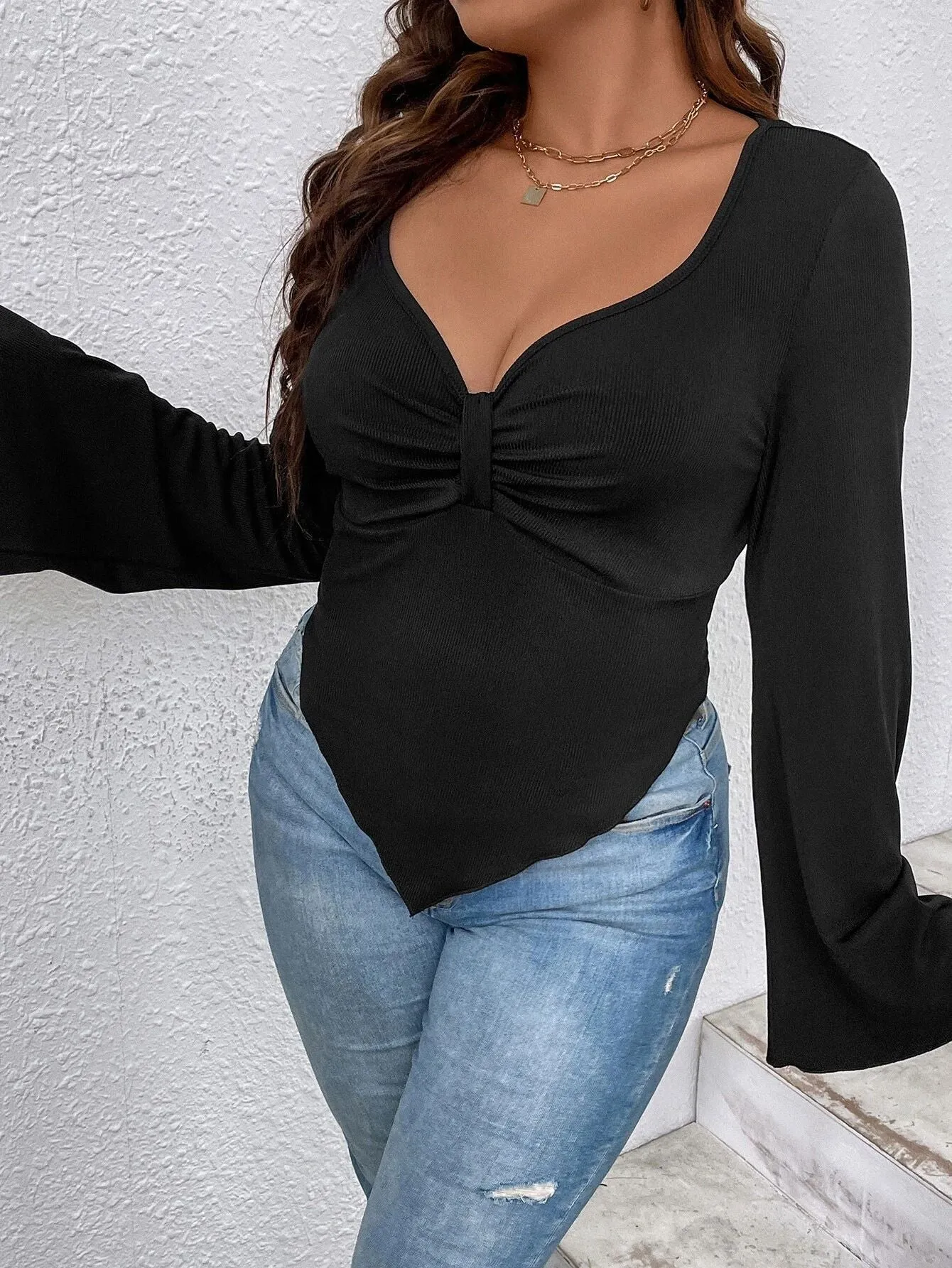 Plus Size Women's Asymmetric Hem Bell Sleeve Knitted Tee Shirt Top