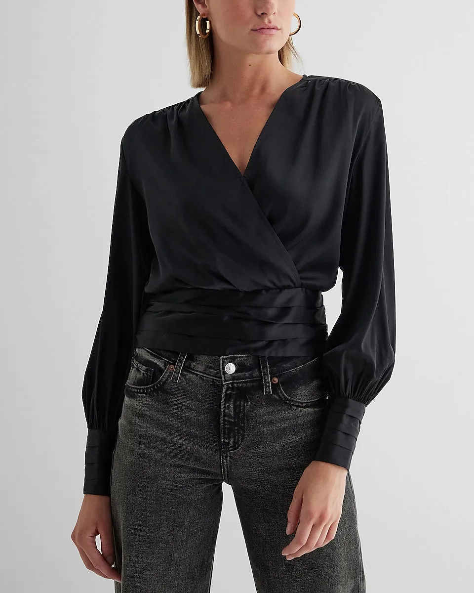 Satin V-Neck Balloon Sleeve Faux Wrap Top in Pitch Black